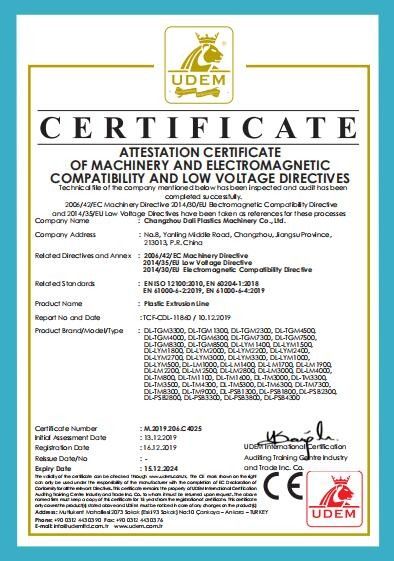 Chine Changzhou Dali Plastics Machinery Co., Ltd Certifications